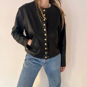 Celine black leather jacket gold snap buttons soft lambskin XS